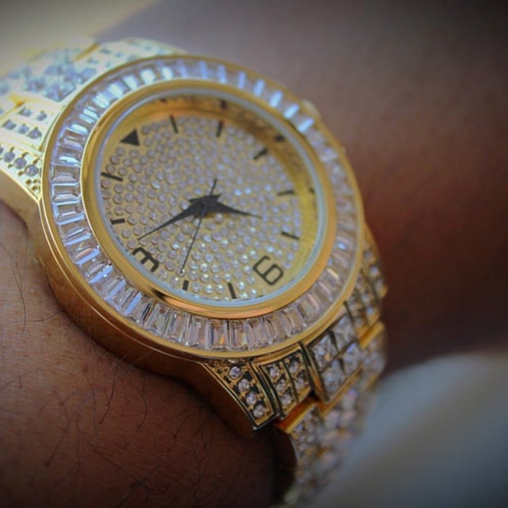 18K Gold Finish Sub Style Fully Iced Out Watch